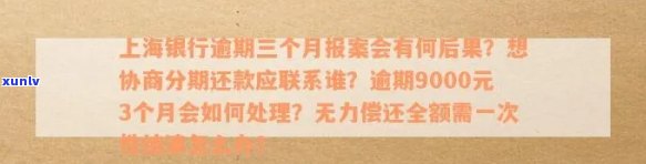 上海银行逾期三个月想分期还款？找谁协商？已逾期9000元3个月，会被起诉吗？逾期后多久会请求全额还款？